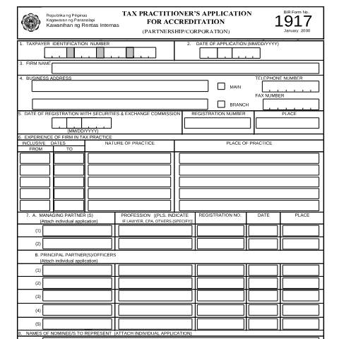 Document preview: BIR Form No. 1917 - Tax Practitioner's Application for Accreditation (Partnership/Corporation) — Application Forms, Philippines (CERFA n°1917)