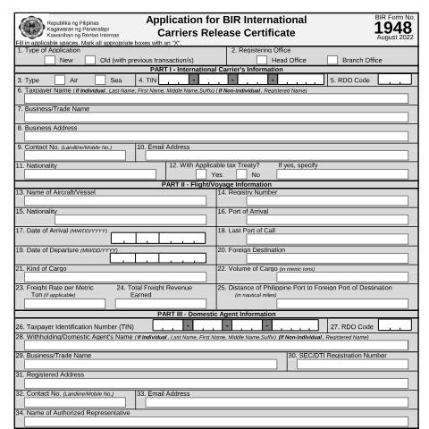Document preview: BIR Form No. 1948 - Application for BIR International Carriers Release Certificate — Application Forms, Philippines (CERFA n°1948)