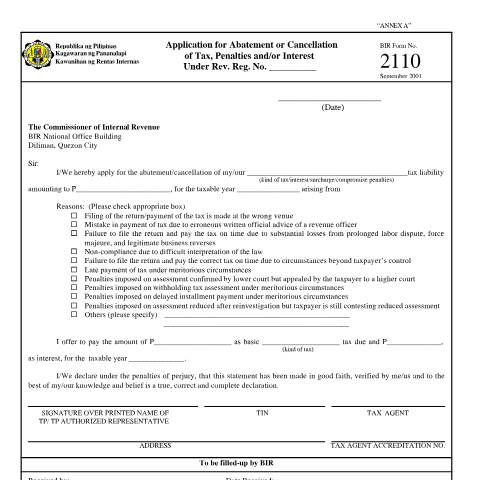 Document preview: BIR Form No. 2110 Application for Abatement or Cancellation of Tax, Penalties and/or Interest Under Rev. Reg. No. ______ — Other Forms, Philippines (CERFA n°2110)