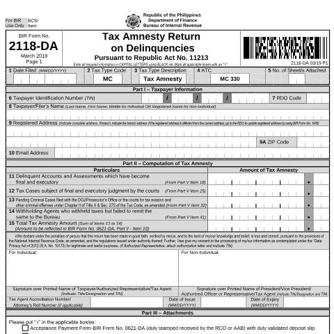 Document preview: BIR Form No. 2118-DA Amnesty Tax Return on Delinquencies (Pursuant to Republic Act No. 11213) — Other Forms, Philippines (CERFA n°2118-DA)