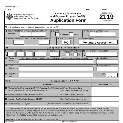 Document preview: BIR Form No. 2119 Voluntary Assessment and Payment Program (VAPP) Application Form — Other Forms, Philippines (CERFA n°2119)