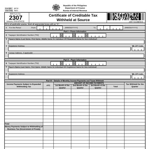 Document preview: BIR Form No. 2307 Certificate of Creditable Tax Withheld at Source — Certificates, Philippines (CERFA n°2307)
