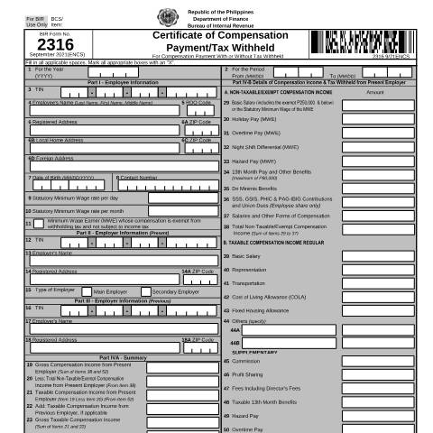 Document preview: BIR Form No. 2316 Certificate of Compensation Payment / Tax Withheld For Compensation Payment With or Without Tax Withheld — Certificates, Philippines (CERFA n°2316)