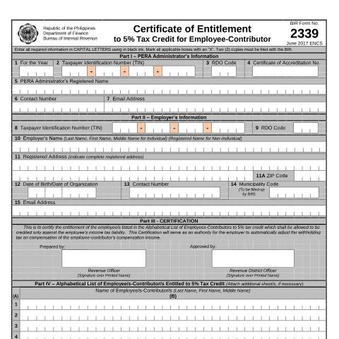 Document preview: BIR Form No. 2339 Certificate of Entitlement to 5% Tax Credit for Employee-Contributor — Certificates, Philippines (CERFA n°2339)