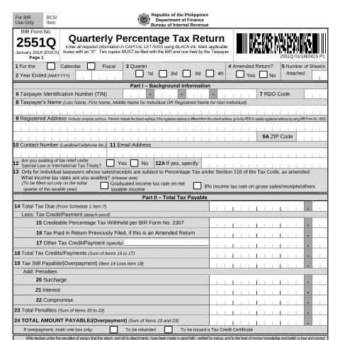 Document preview: BIR Form No. 2551Q - Quarterly Percentage Tax Return — VAT/Percentage Tax Returns, Philippines (CERFA n°2551Q)