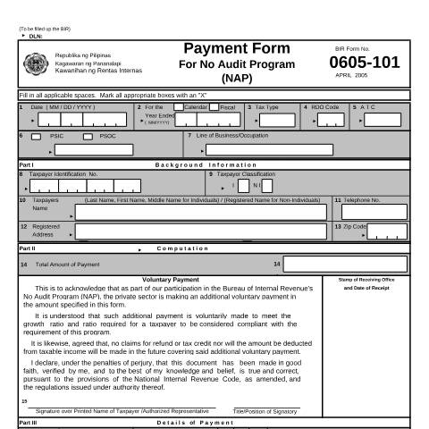 Document preview: BIR Form No. 0605-101 Payment Form for No Audit Program (NAP) — Other Forms, Philippines (CERFA n°0605-101)