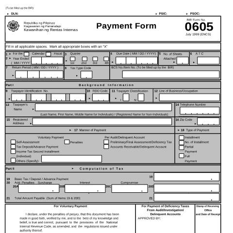 Document preview: BIR Form No. 0605 - Payment Form — Payment/Remittance Forms, Philippines (CERFA n°0605)