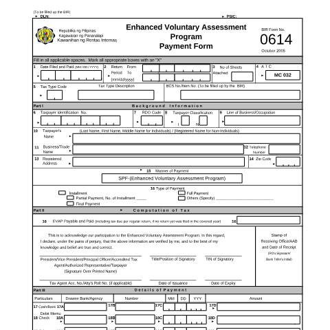 Document preview: BIR Form No. 0614 Enhanced Voluntary Assessment Program - Payment Form — Other Forms, Philippines (CERFA n°0614)