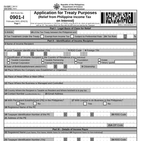Document preview: BIR Form No. 0901-I - Application for Treaty Purposes (Relief from Philippine Income Tax on Interest) — Application Forms, Philippines (CERFA n°0901-I)
