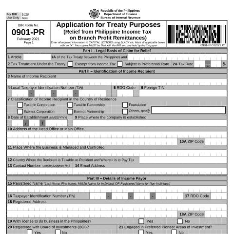 Document preview: BIR Form No. 0901-PR - Application for Treaty Purposes (Relief from Philippine Income Tax on Branch Profit Remittances) — Application Forms, Philippines (CERFA n°0901-PR)