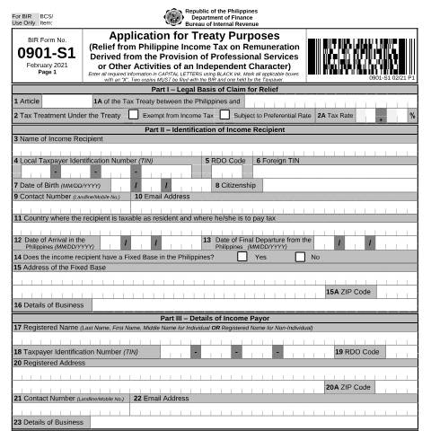 Document preview: BIR Form No. 0901-S1 - Application for Treaty Purposes (Relief from Philippine Income Tax on Remuneration Derived from the Provision of Professional Services or Other Activities of an Independent Character) — Application Forms, Philippines (CERFA n°0901-S1)