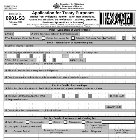 Document preview: BIR Form No. 0901-S3 - Application for Treaty Purposes (Relief from Philippine Income Tax on Remunerations, Grants, etc. Received by Professors, Teachers, Students, Business Apprentices or Trainees) — Application Forms, Philippines (CERFA n°0901-S3)