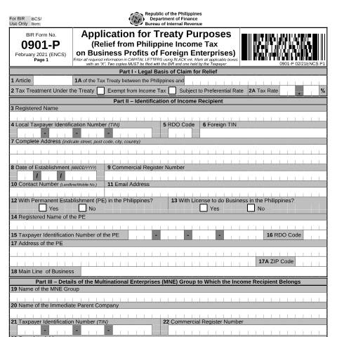 Document preview: BIR Form No. 0901-P - Application for Treaty Purposes (Relief from Philippine Income Tax on Business Profits of Foreign Enterprises) — Application Forms, Philippines (CERFA n°0901-P)