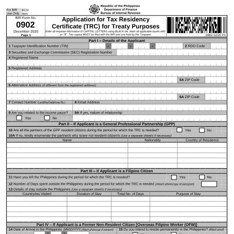 Document preview: BIR Form No. 0902 - Application for Tax Residency Certificate (TRC) for Treaty Purposes — Application Forms, Philippines (CERFA n°0902)