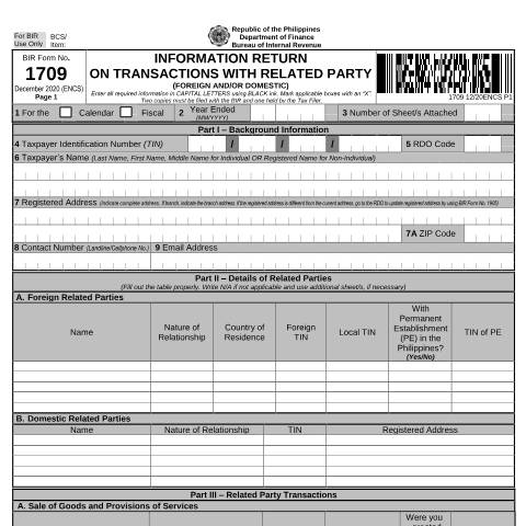 Document preview: BIR Form No. 1709 - Information Return on Transactions with Related Party (Foreign and/or Domestic) — Income Tax Return, Philippines (CERFA n°1709)