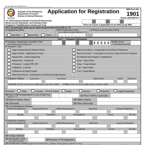 Document preview: BIR Form No. 1901 - Application for Registration For Self-Employed (Single Proprietor/Professional), Mixed Income Individuals, Non-Resident Alien Engaged in Trade/Business, Estate and Trust — Application Forms, Philippines (CERFA n°1901)