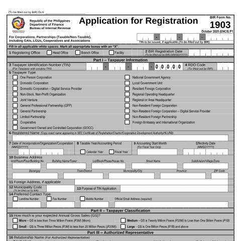 Document preview: BIR Form No. 1903 - Application for Registration For Corporations, Partnerships (Taxable/Non-Taxable), Including Government Agencies and Instrumentalities (GAIs), Local Government Units (LGUs), Cooperatives and Associations — Application Forms, Philippines (CERFA n°1903)