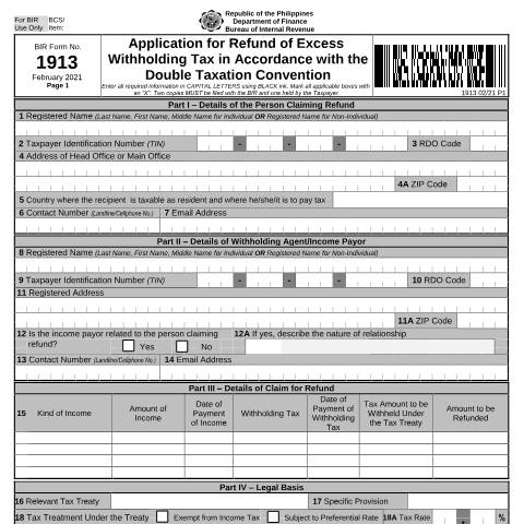 Document preview: BIR Form No. 1913 - Application for Refund of Excess Withholding Tax in Accordance with the Double Taxation Convention — Application Forms, Philippines (CERFA n°1913)