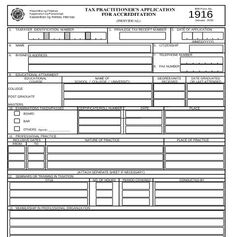 Document preview: BIR Form No. 1916 - Tax Practitioner's Application for Accreditation (Individual) — Application Forms, Philippines (CERFA n°1916)