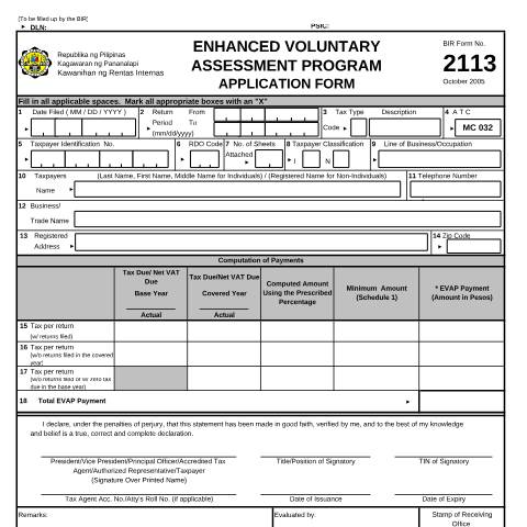 Document preview: BIR Form No. 2113 Enhanced Voluntary Assessment Program - Application Form — Other Forms, Philippines (CERFA n°2113)