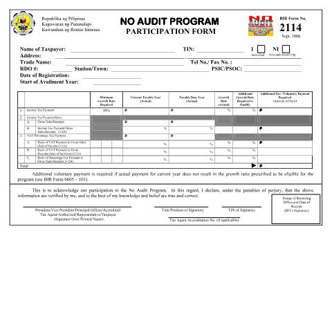 Document preview: BIR Form No. 2114 NO AUDIT PROGRAM PARTICIPATION FORM — Other Forms, Philippines (CERFA n°2114)