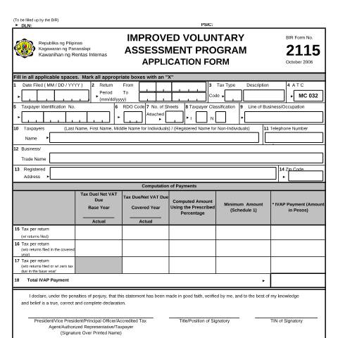 Document preview: BIR Form No. 2115 Improved Voluntary Assessment Program Application Form — Other Forms, Philippines (CERFA n°2115)