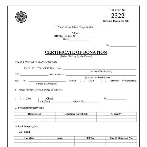 Document preview: BIR Form No. 2322 Certificate of Donation — Certificates, Philippines (CERFA n°2322)