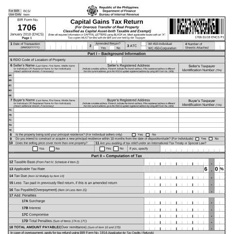 Document preview: BIR Form No. 1706 - Capital Gains Tax Return for Onerous Transfer of Real Property Classified as Capital Asset (both Taxable and Exempt) — Income Tax Return, Philippines (CERFA n°1706)