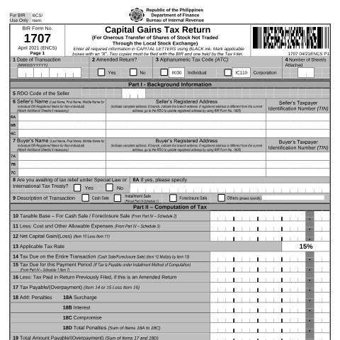 Document preview: BIR Form No. 1707 - Capital Gains Tax Return for Onerous Transfer of Shares of Stocks Not Traded Through the Local Stock Exchange — Income Tax Return, Philippines (CERFA n°1707)