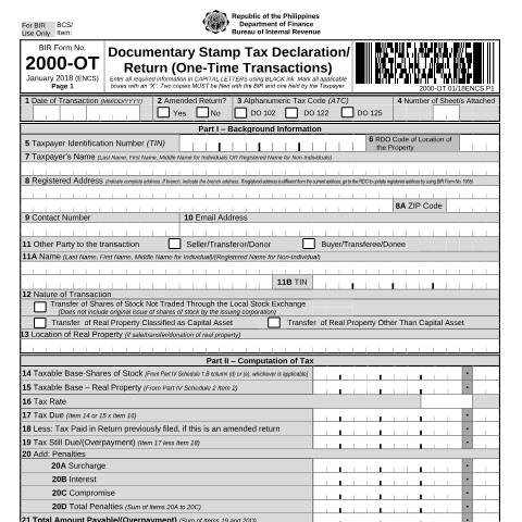 Document preview: BIR Form No. 2000-OT - Documentary Stamp Tax Declaration/Return (One-Time Transactions) — Documentary Stamp Tax Return, Philippines (CERFA n°2000-OT)