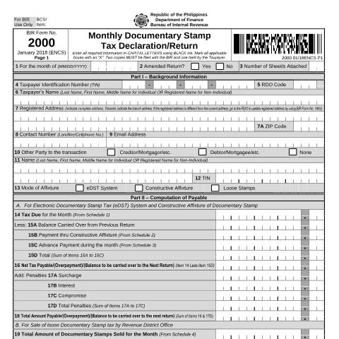 Document preview: BIR Form No. 2000 - Monthly Documentary Stamp Tax Declaration/ Return — Documentary Stamp Tax Return, Philippines (CERFA n°2000)