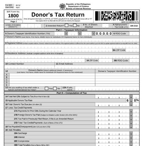 Document preview: BIR Form No. 1800 Donor’s Tax Return — Transfer Tax Return, Philippines (CERFA n°1800)