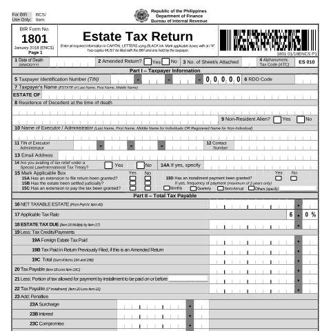 Document preview: BIR Form No. 1801 Estate Tax Return — Transfer Tax Return, Philippines (CERFA n°1801)