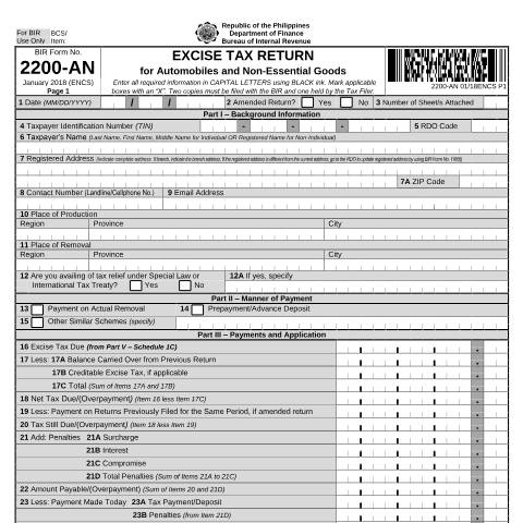 Document preview: BIR Form No. 2200-AN Excise Tax Return for Automobiles and Non-Essential Goods — Excise Tax Return, Philippines (CERFA n°2200-AN)