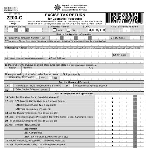 Document preview: BIR Form No. 2200-C Excise Tax Return for Cosmetic Procedures — Excise Tax Return, Philippines (CERFA n°2200-C)