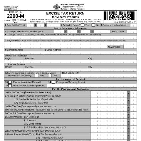 Document preview: BIR Form No. 2200-M Excise Tax Return for Mineral Products — Excise Tax Return, Philippines (CERFA n°2200-M)