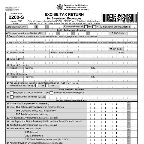 Document preview: BIR Form No. 2200-S Excise Tax Return for Sweetened Beverages — Excise Tax Return, Philippines (CERFA n°2200-S)