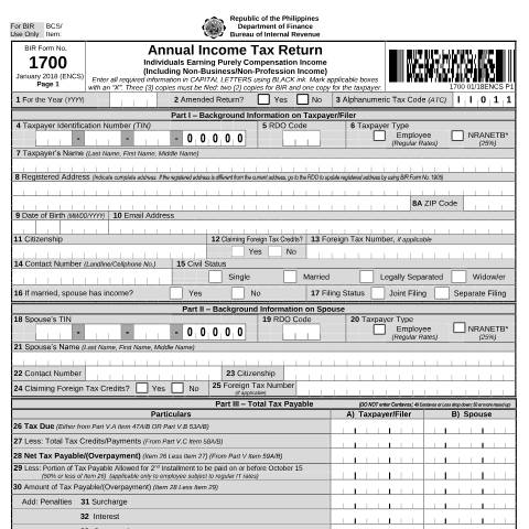 Document preview: BIR Form No. 1700 - Annual Income Tax Return For Individuals Earning Purely Compensation Income (Including Non-Business/Non-Profession Related Income) — Income Tax Return, Philippines (CERFA n°1700)