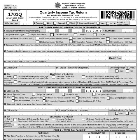 Document preview: BIR Form No. 1701Q - Quarterly Income Tax Return For Individuals, Estates and Trusts — Income Tax Return, Philippines (CERFA n°1701Q)