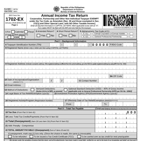 Document preview: BIR Form No. 1702-EX - Annual Income Tax Return For Corporation, Partnership and Other Non-Individual Taxpayer EXEMPT under the Tax Code, as Amended, {Sec. 30 and those exempted in Sec. 27(C)} and Other Special Laws, with NO Other Taxable Income — Income Tax Return, Philippines (CERFA n°1702-EX)