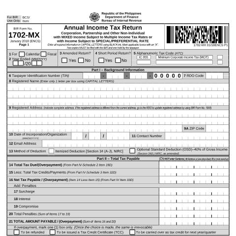 Document preview: BIR Form No. 1702-MX - Annual Income Tax Return for Corporation, Partnership and Other Non-Individual with MIXED Income Subject to Multiple Income Tax Rates or with Income Subject to SPECIAL/PREFERENTIAL RATE — Income Tax Return, Philippines (CERFA n°1702-MX)