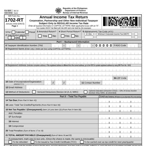 Document preview: BIR Form No. 1702-RT - Annual Income Tax Return For Corporation, Partnership and Other Non-Individual Taxpayer Subject Only to REGULAR Income Tax Rate — Income Tax Return, Philippines (CERFA n°1702-RT)