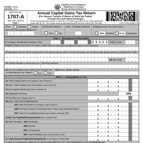 Document preview: BIR Form No. 1707-A - Annual Capital Gains Tax Return for Onerous Transfer of Shares of Stock Not Traded Through the Local Stock Exchange — Income Tax Return, Philippines (CERFA n°1707-A)