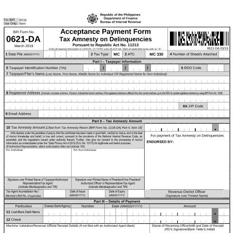 Document preview: BIR Form No. 0621-DA Acceptance Payment Form Tax Amnesty on Delinquencies (Pursuant to Republic Act No. 11213) — Other Forms, Philippines (CERFA n°0621-DA)