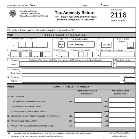 Document preview: BIR Form No. 2116 Tax Amnesty Return For Taxable Year 2005 and Prior Years (Pursuant to Republic Act No. 9480) — Other Forms, Philippines (CERFA n°2116)