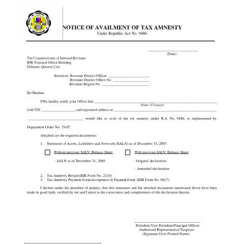 Document preview: BIR Form - NOTICE OF AVAILMENT OF TAX AMNESTY Under Republic Act No. 9480 — Other Forms, Philippines