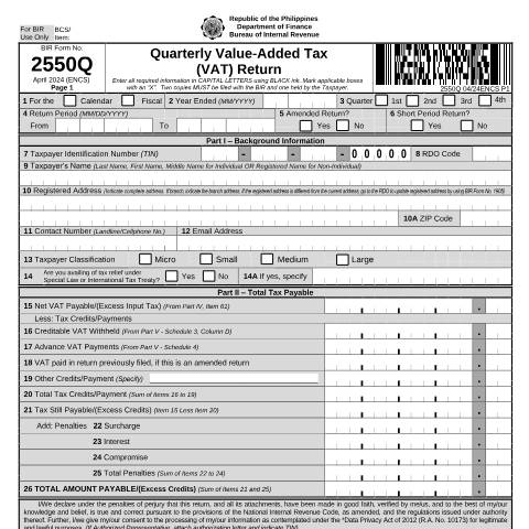 Document preview: BIR Form No. 2550Q - Quarterly Value-Added Tax (VAT) Return — VAT/Percentage Tax Returns, Philippines (CERFA n°2550Q)