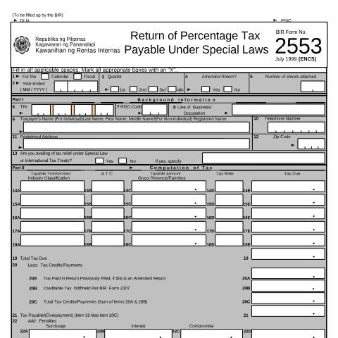 Document preview: BIR Form No. 2553 - Return of Percentage Tax Payable under Special Laws — VAT/Percentage Tax Returns, Philippines (CERFA n°2553)