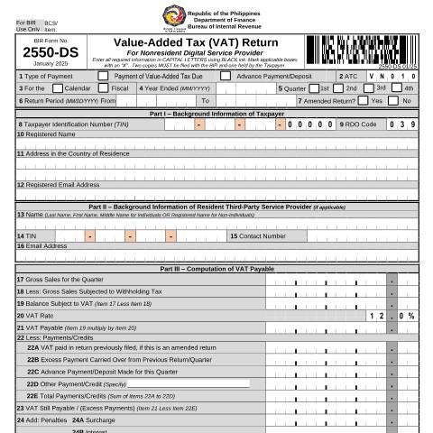 Document preview: BIR Form No. 2550-DS - Value-Added Tax (VAT) Return for Nonresident Digital Service Provider — VAT/Percentage Tax Returns, Philippines (CERFA n°2550-DS)