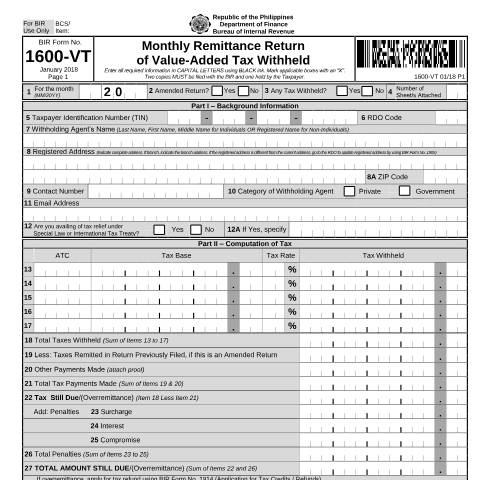 Document preview: BIR Form No. 1600-VT - Monthly Remittance Return of Value-Added Tax Withheld — Payment/Remittance Forms, Philippines (CERFA n°1600-VT)